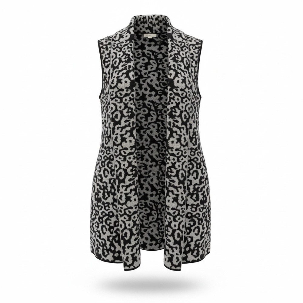 EST. 1946 Sweater Vest Women XL Black Grey Leopard Animal Print Open Front Knit